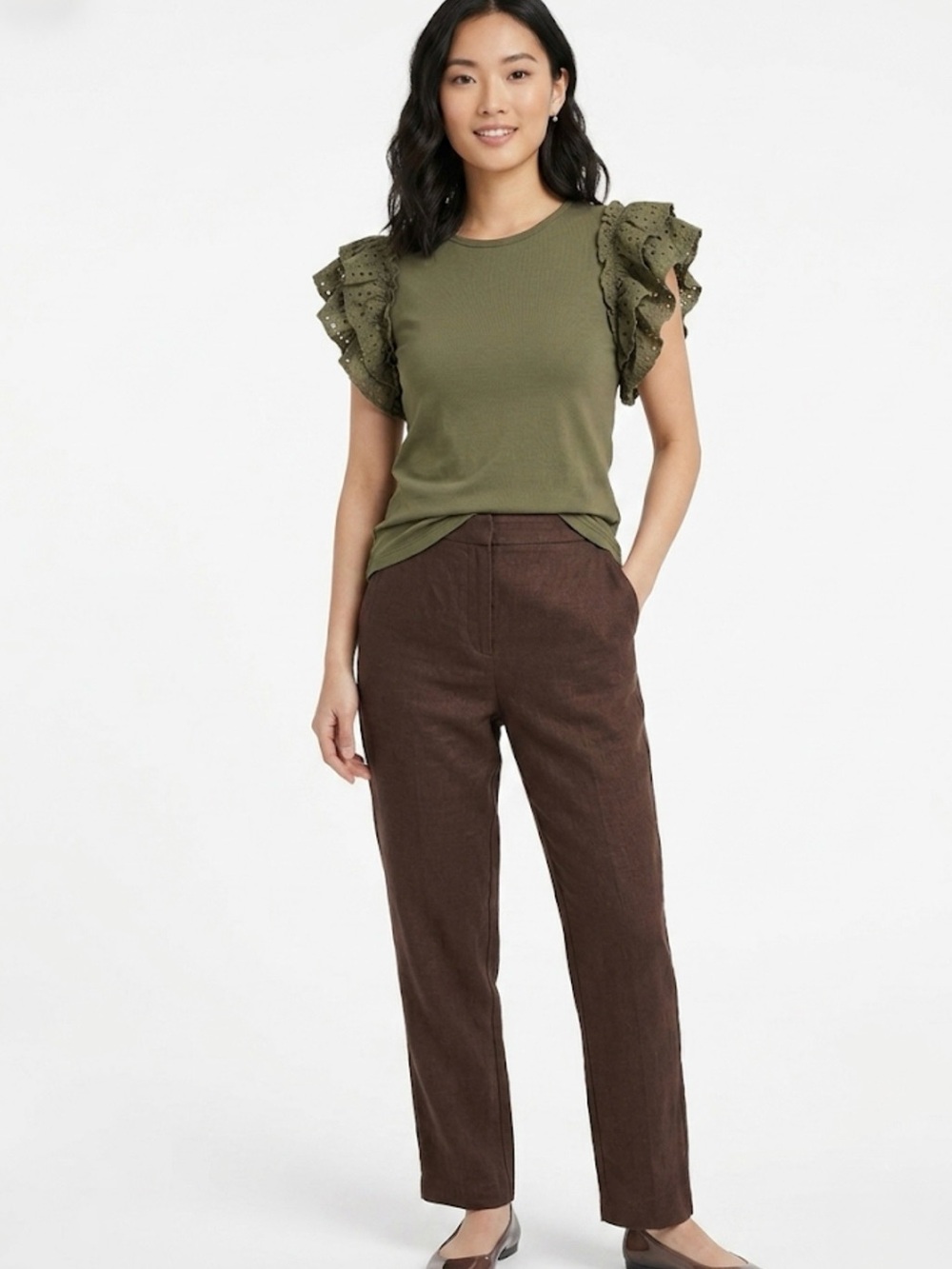 Miou Muse Olive Green Eyelet Ruffle Sleeve Woman’s Top Size S